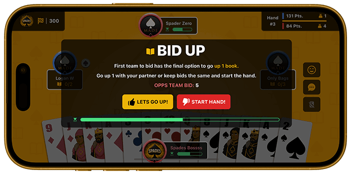 BooksMade Spades online game bidding up screen