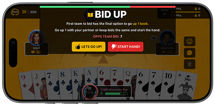 BooksMade Spades online game bidding up screen