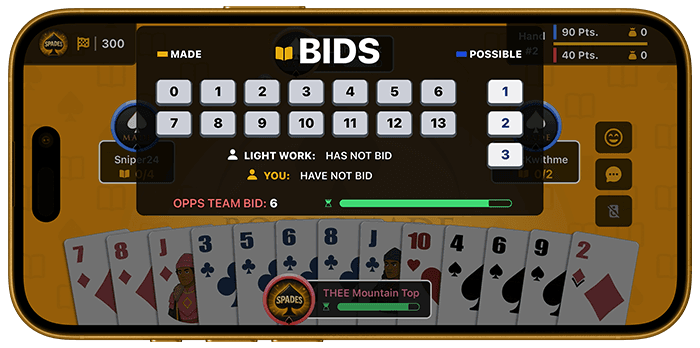 BooksMade Spades online Spades game select bid screen