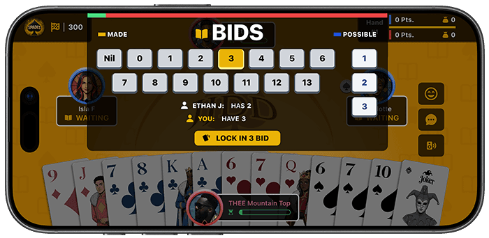 BooksMade Spades online game select bid screen