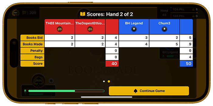BooksMade Spades hand recap screenshot