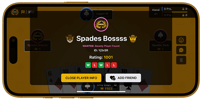 BooksMade Spades online Spades game player details and friend requests screenshot