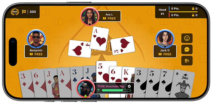 BooksMade App Screen - south player prepared to play the 5 of hearts