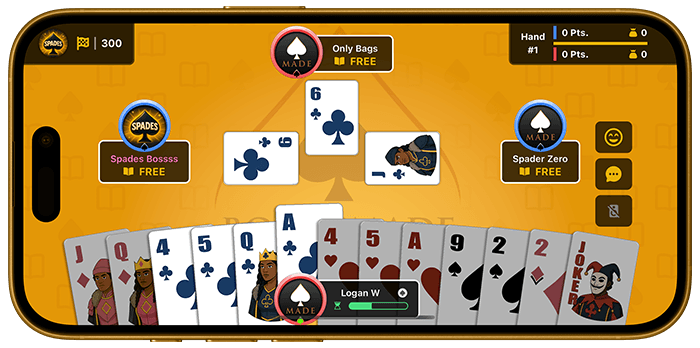 BooksMade App Screen - Shows players in game playing cards, and the south player prepared to play the Ace of clubs