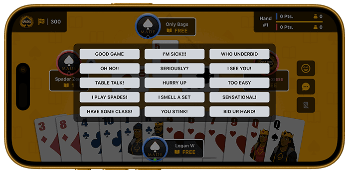 BooksMade Spades online Spades game sending message blurbs screenshot