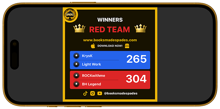 BooksMade Spades online Spades game social score sharing screenshot.