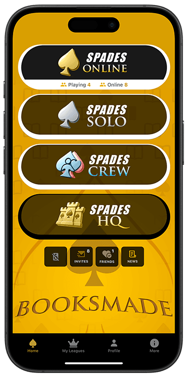 BooksMade Spades app home screen showing Spades Online, Solo, CREW and HQ