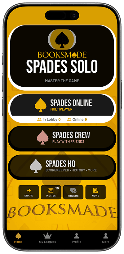 BooksMade Spades app home screen showing Spades Online, Solo, CREW and HQ