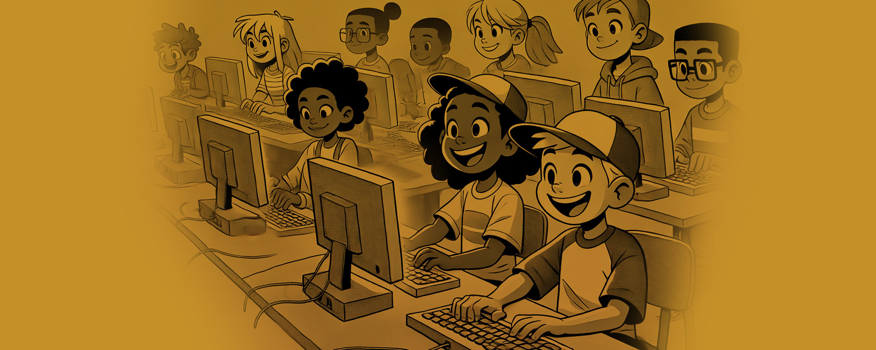 About page background image - children typing at computers